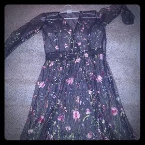 Sheer Floral Black Dress with Stitched Flowers